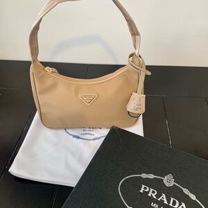Prada Beige Nylon Shoulder Bag with Logo Plaque